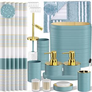 Bathroom Set - Bathroom Sets with Shower Curtain and Rugs, 25PC Bathroom Accessory Set, Light Blue Bathroom Accessories Set with Trash Can, Soap Dispensers