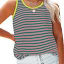 Eytino Plus Size Tank Tops for Women Sleeveless Crew Neck Striped Casual Summer Loose Tee Shirts,3XL Green