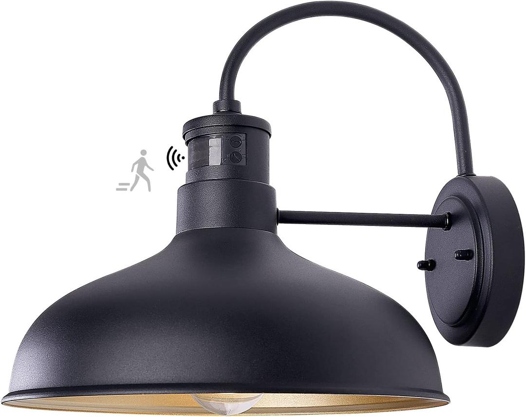 12in Exterior Barn Light Motion Sensor Black Outdoor Gooseneck Lighting Wall Mount Dusk to Dawn Farmhouse Style Outside Porch Light Fixture Outdoor Garage Barn Door Light for House, 12" Dome