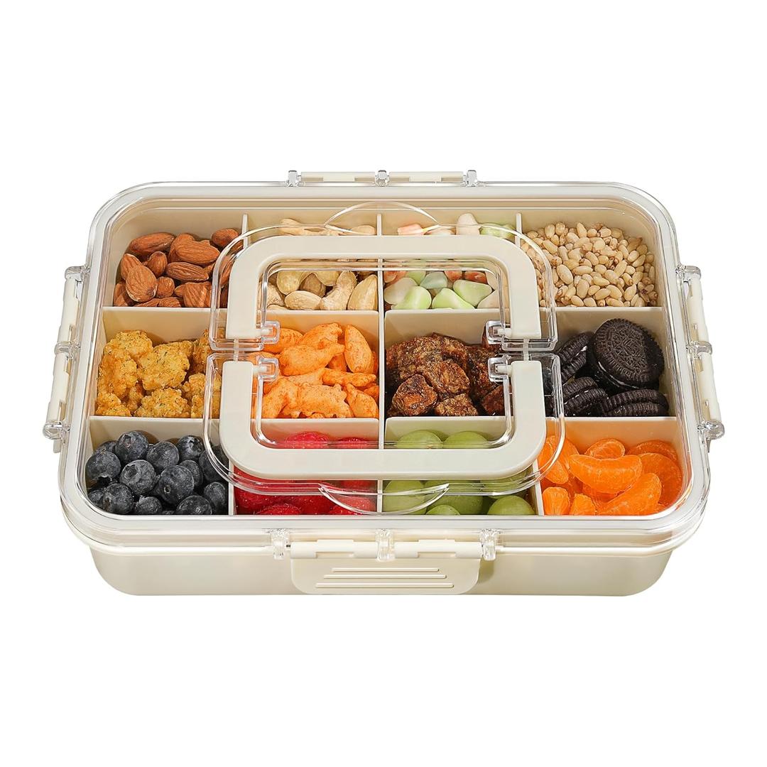 Xyptorix Snack Box Container for Kids - Adjustable 12-Compartment Snack Containers, Reusable Bento Box, Dishwasher Safe, BPA-Free, Perfect for School, Travel, Camping & Picnic, Ivory White (Medium)