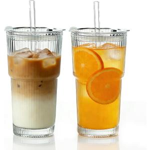 20 oz Ribbed Glass Tumbler with Straw and Lid, Vintage Glass Cup with Lid, Reusable Iced Coffee Cups Set for Iced Coffee Smoothie Juices, Elegant Drinkware for Home Party (2)