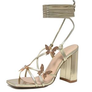 SICARE Strappy Heels for Women Sexy Lace Up Chunky High Heels Sandals Square Open Toe Heels with Bow White Black Gold Silver Tie Up Block Heels for Party, Prom, Evening,Gold,Size 9