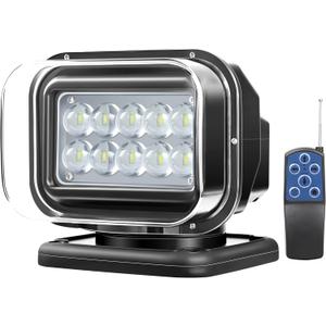 Remote Control LED Search Light, 50W 5000lm 7 Inch LED Spotlight for Truck Rooftop Hunting Boat Searching 360 Rotating, Off-Road Auxiliary Driving Searchlight 12V 24V Spot Light, 6 Magnets Built-in (Black)