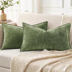 decorUhome Summer Couch Throw Pillow Covers 12x20 Set of 2, Decorative Soft Velvet Modern Cozy Chenille Lumbar Pillow Cases with Elegant Design for Sofa Bed Living Room Home Decor, Olive Green