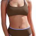 MOOSLOVER Women Sporty Two Piece Swimsuits High Waisted Bikini Sets Color Block Bathing Suit (X-Large, Coffee)