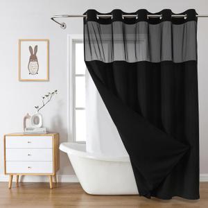 Black No Hook Waffle Weave Shower Curtain with snap-in Liner Replacement, 230GSM Waterproof Fabric Hotel Shower Curtain Set for Bathroom, Through Mesh Top Window, 71Wx74H