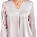Womens Silk Satin Blouses V Neck Long Sleeve Tops Casual Dressy Shirts (S)