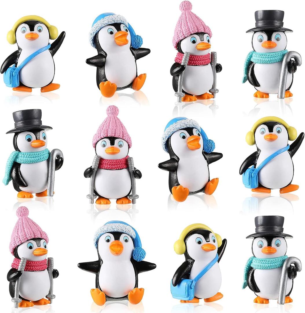 Zhanmai 12 Pcs Mini Penguin Characters Toys Collection Playset Cute Cartoon Figures Cake Topper Winter Penguin Figurines Cake Decoration for Christmas Birthday Landscape Party Supplies