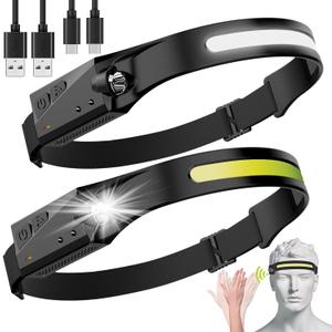 LED Headlamp, 2 Pack Rechargeable Flashlight for Adults, 230 Wide Beam Headlight, Motion Sensor Head Lamp, Adjustable Headband Outdoor Waterproof Head Light for Running, Camping, Hiking