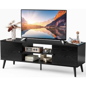 Sweetcrispy TV Stand for 55 60 inch TV, Modern Mid Century Entertainment Center with Storage, Media Console Table 2 Cabinet, Soft Hinge, Handle Door, Wooden Living Room, Office Furniture, Pure Black (53.54 x 15.75 x 18.9 inches)