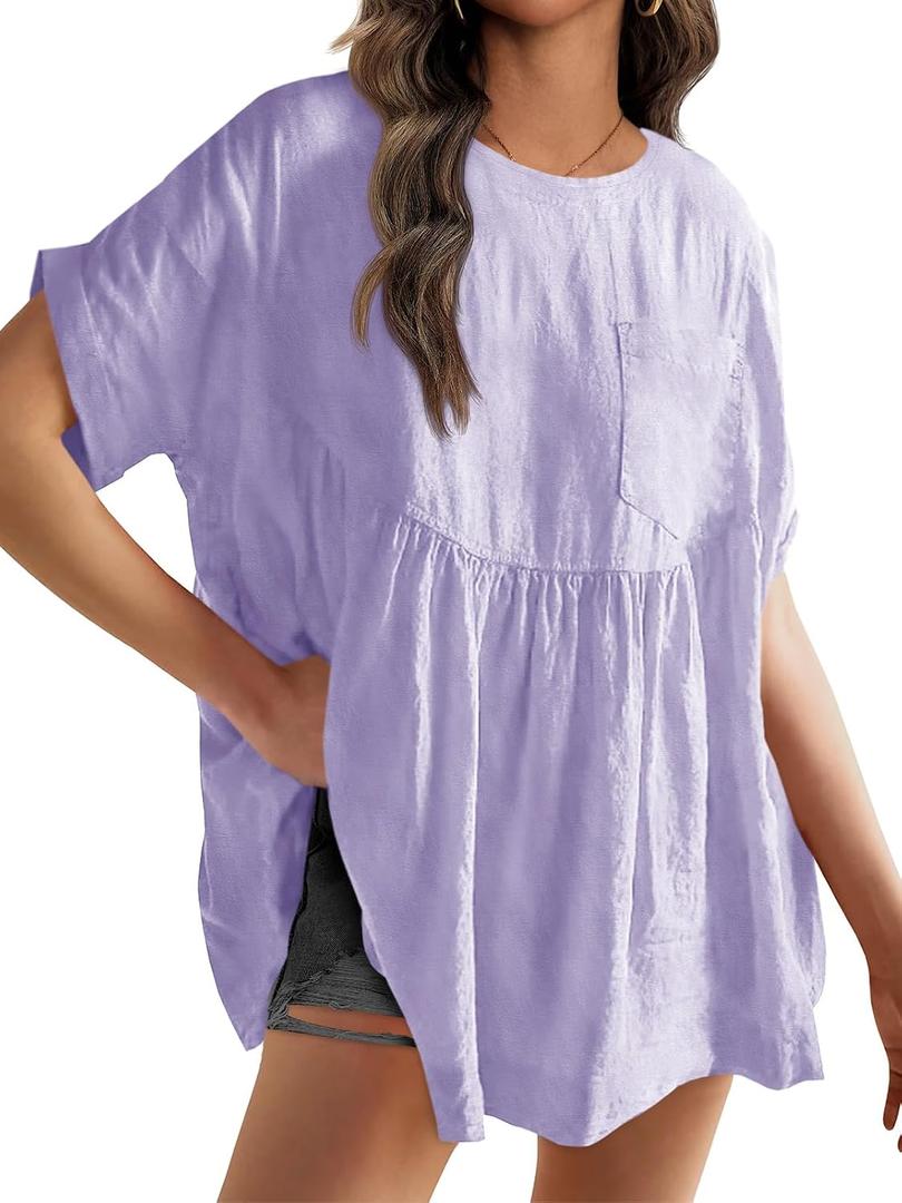 Tankaneo Womens Summer Babydoll Tops Casual Loose Fit Peplum Oversized Tunic Shirts (Purple, XXL)