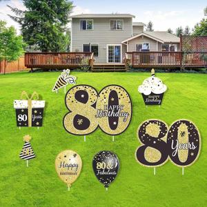 Happy 80th Birthday Decorations for Men Outdoor 80th Birthday Yard Signs with Stakes Black and Gold 80 Birthday Lawn Decor for Women Set of 8
