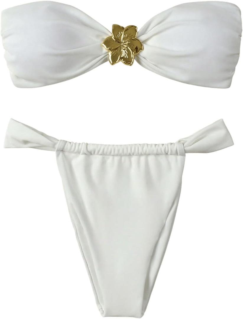 SHENHE Women's 2 Piece Strapless Swimsuit U Wire Floral Tie Back Ruched Bandeau Bikini with Thong Set (White, Mediu)