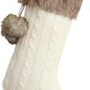 Ivory Cable Knitted Body, Faux Fur Cuff with Faux Fur Fluffy Pompom Ball Christmas Stocking, Xmas Tree Decoration Festival Party Ornament - 10"x18"