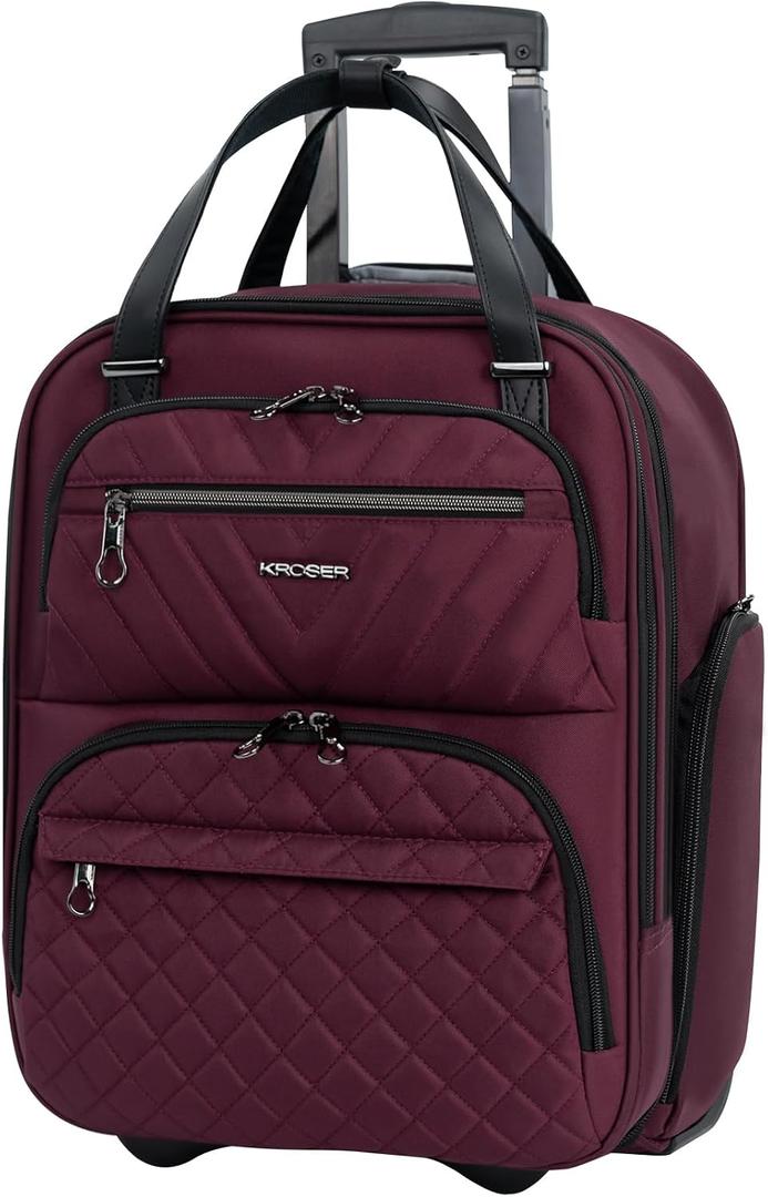 KROSER Carry On Underseat Multi-functional, 16-inch Underseater Lightweight Overnight Suitcase for Women, Burgundy, 12 x 7 x 16 inches