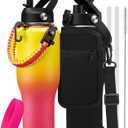 Insulated Water-Bottle 40 oz Tumbler - Fits in Any Cup Holder, Keep Cold 48H Hot 24H, Stainless Steel Water bottle with Straw, Spout Lid, Paracord Handle, Carrier Bag, Silicon Boot for Road Trip (Yellow Pink)