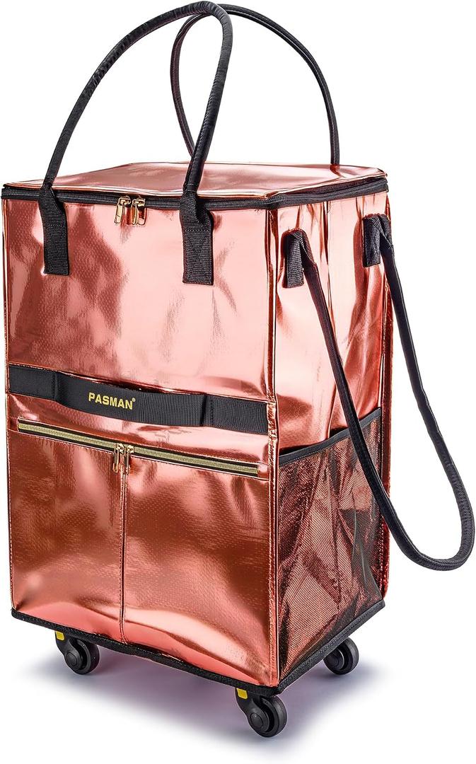 Reusable Grocery Bag on 5 Wheels, Foldable Rolling Tote Bag with Handle and Zipper Cover, Heavy Duty Shopping Cart for Laundry, Market & Travel (Pink, Large_120L)