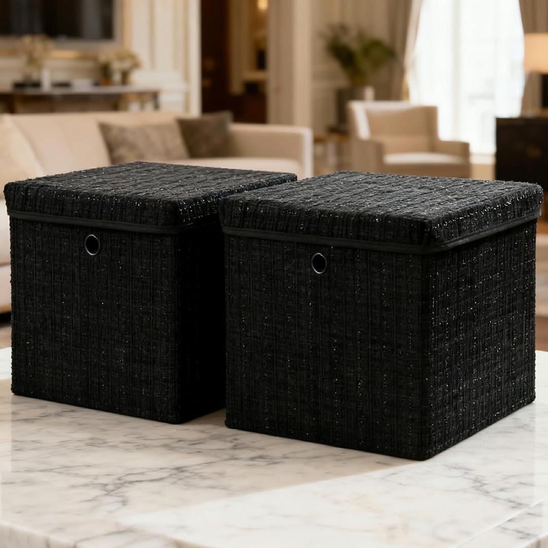 modscape 2-Pack 12"x12" Fabric Cube Storage Bin with Lid, Foldable Collapsible Fabric Storage Bins for Clothes Toys, Sturdy Storage Cube for Bedroom Closet Shelves Home Organization (Shining Black, 2)