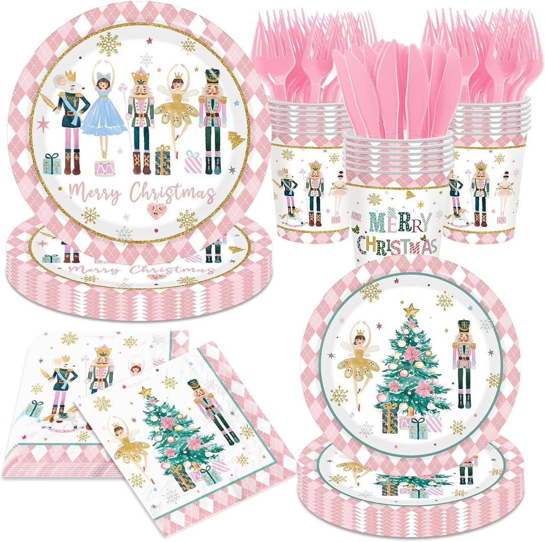 Christmas Party Tableware Decorations, 144pcs Pink Christmas Paper Plates and Napkins, Cups, Forks and Knives Xmas Paper Dinnerware for Winter Holiday Party Supplies