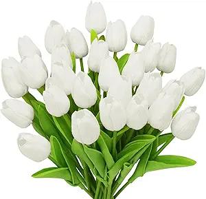 White Flowers Artificial Tulip Stems Real Feel PU Tulips for Easter Spring Wreath Wedding Bouquet Centerpiece Floral Arrangement Cemetery Table Décor 13" Tall