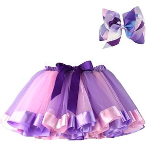 BGFKS Layered Ballet Tulle Rainbow Tutu Skirt for Little Girls Dress Up with Colorful Hair Bows (Purple)