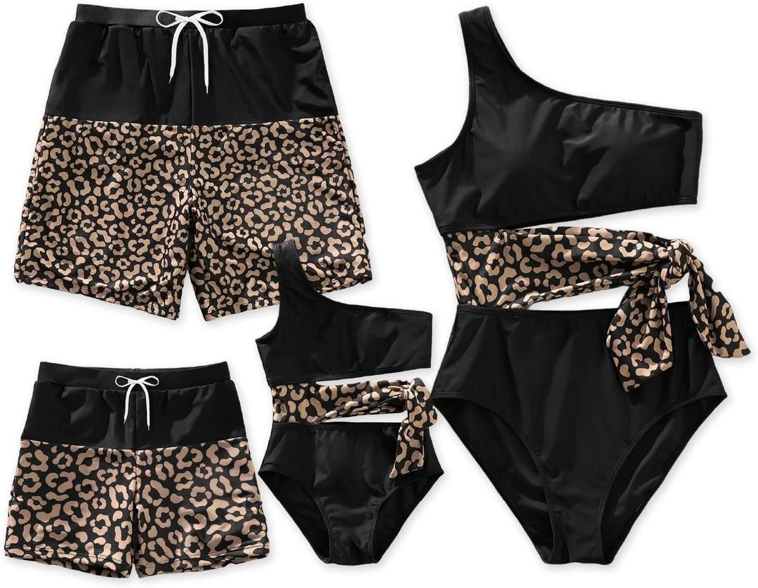 PATPAT Family Matching Swimsuits Mommy and Me Bathing Suits One Piece One Shoulder Leopard Print Cut Out Tie Waist Colorblock Swimwear Sets Black Leopard for Couple Women, Size M