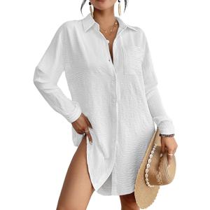 Bsubseach Swimsuit Coverup for Women Button Down Beach Cover Ups Long Sleeve Shirt Dress Modern Blouse Top White S