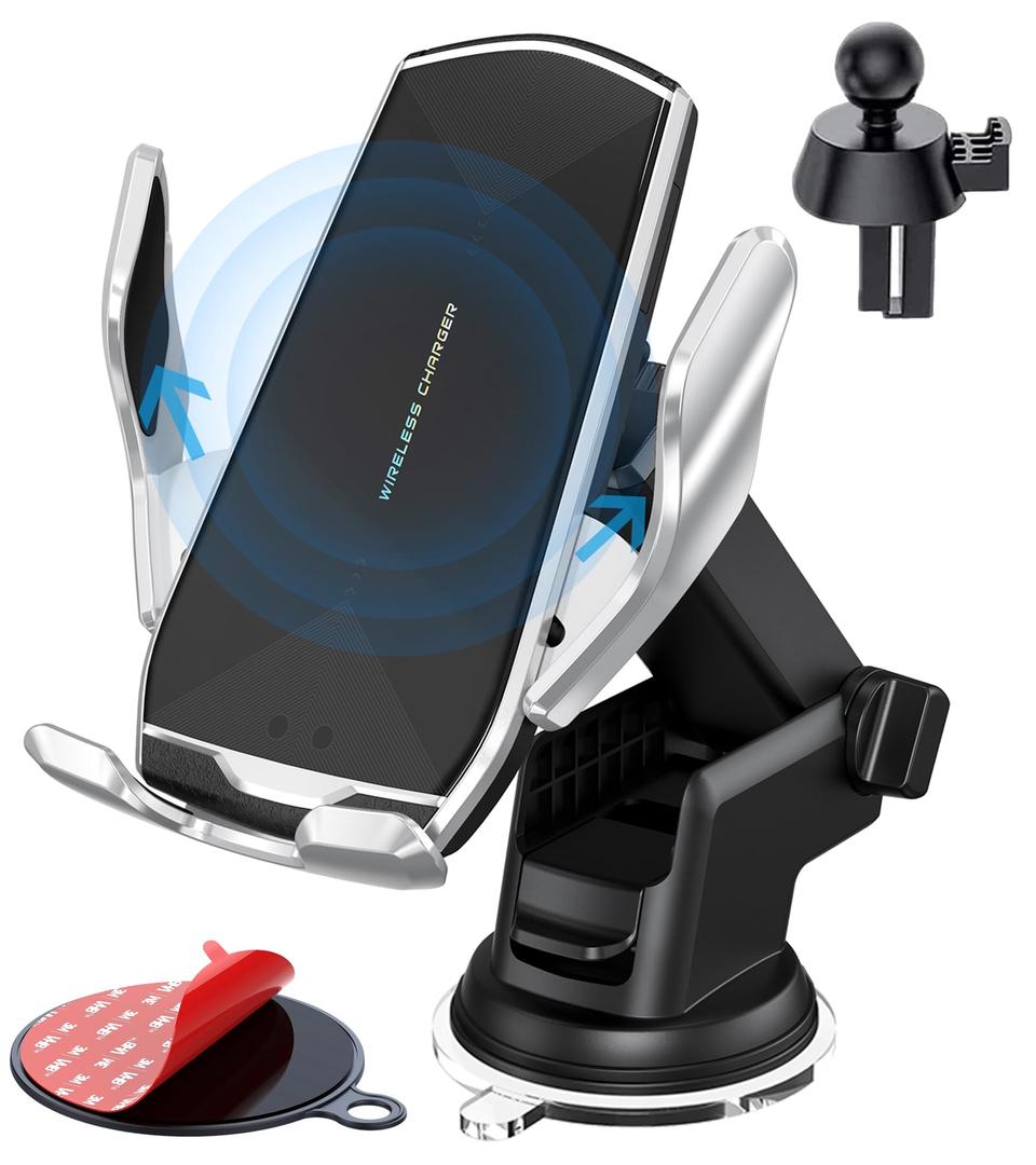 Wireless Car Charger Mount, 15W Qi Fast Charging Auto-Clamping Cell Phone Car Holder ​Air Vent Windshield Dashboard Long Arm Suction Cup Car Phone Mount for iPhone13 /12/11 Samsung S20/S10/S9/S8 LG