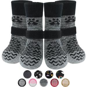 PUPTECK Anti Slip Dog Socks 2 Pairs with Double Grippers for Hardwood Floors, Shoes for Hot/Cold Pavement, Boots & Paws Protectors to Prevent Licking, Traction Booties for Senior Small Large Dogs (Grey(Wave))