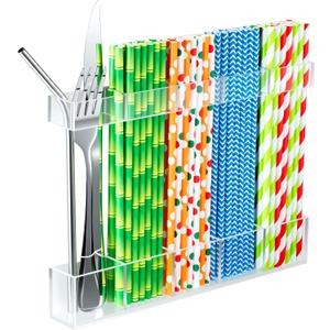 CIEO Straw Organizer for Cabinet Door Storage, 9.5" Large Acrylic Holder for Reusable Tumbler Straws Chopsticks Spoons, Adhesive Under Cabinet Mount Kitchen Container (Transparent)