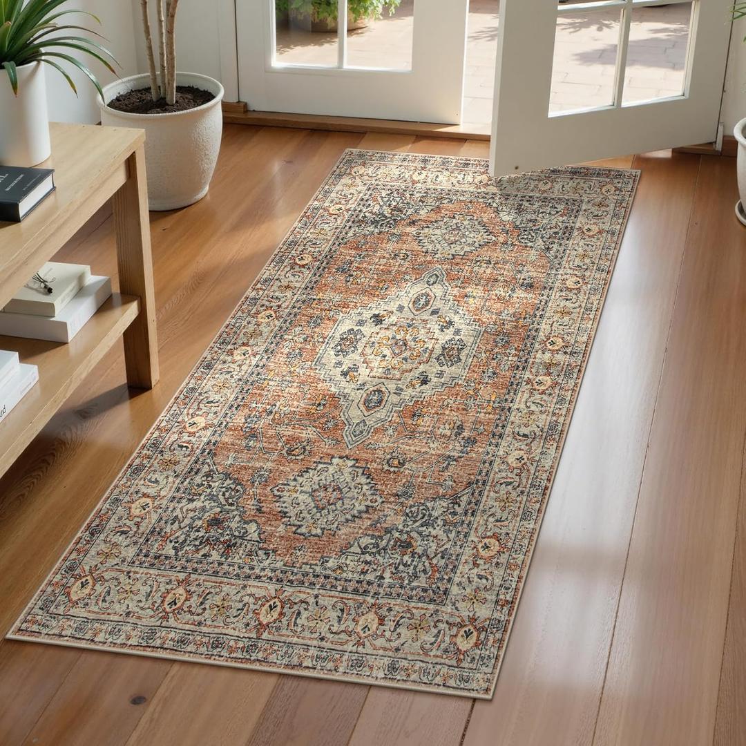 Lahome Oriental Small Area Rug, 2x4 Soft Washable Rugs for Entryway Kitchen, Non-Slip Ultra-Thin Fall Indoor Door Mat Vintage Small Carpet for Bathroom Bedroom Eleanor, Peach/Orange