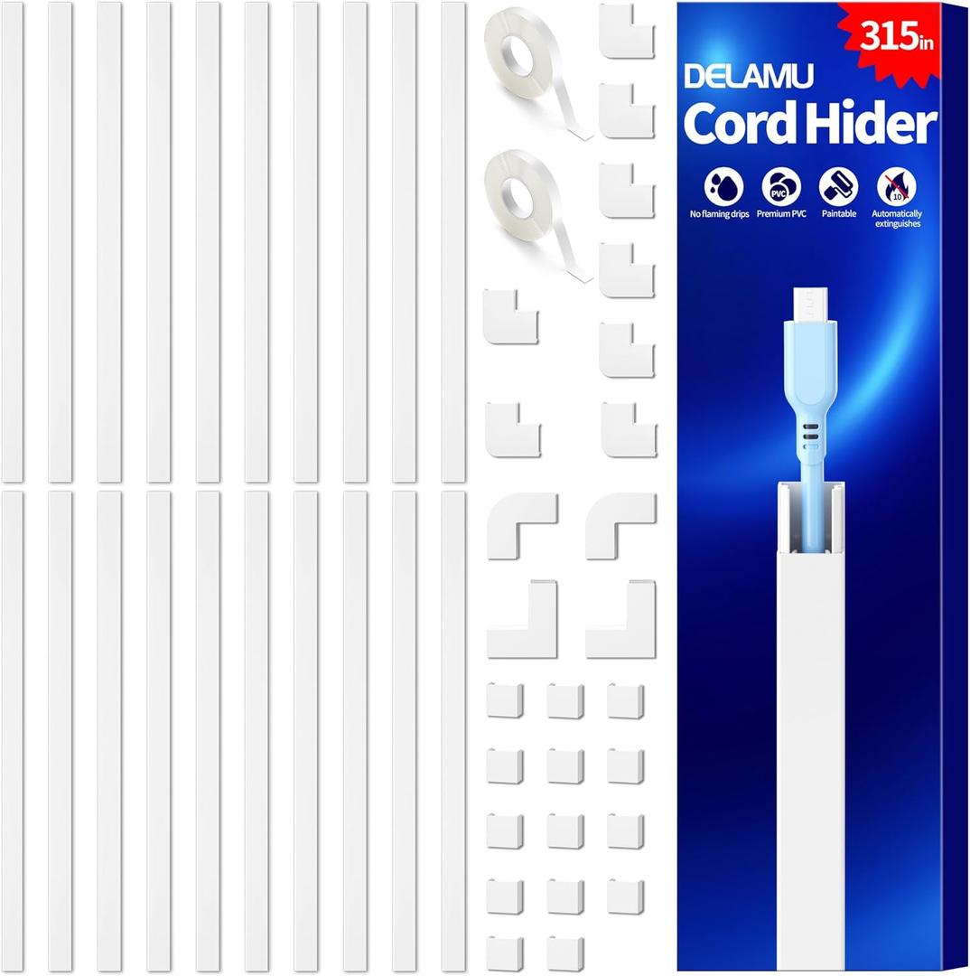 Delamu Cable Hider, 315in Cord Hider Cord Covers for 1 Wire on Wall, Premium Wire Covers for Cords, Cable Cover Organizer, TV Wires Hiders for Wall Mounted Tv, L15.7X W0.55x H0.4in, White