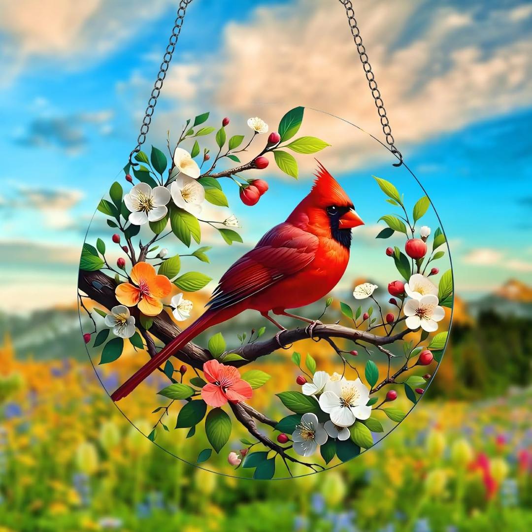 Cardinal Bird Acrylic Window Hanging, Bird on Branch Peach Blossom Stained Acrylic Window Decor Hanging Ornaments Indoor Outdoor Garden Stained Art Panel Gift for Women Christmas Thanksgiving
