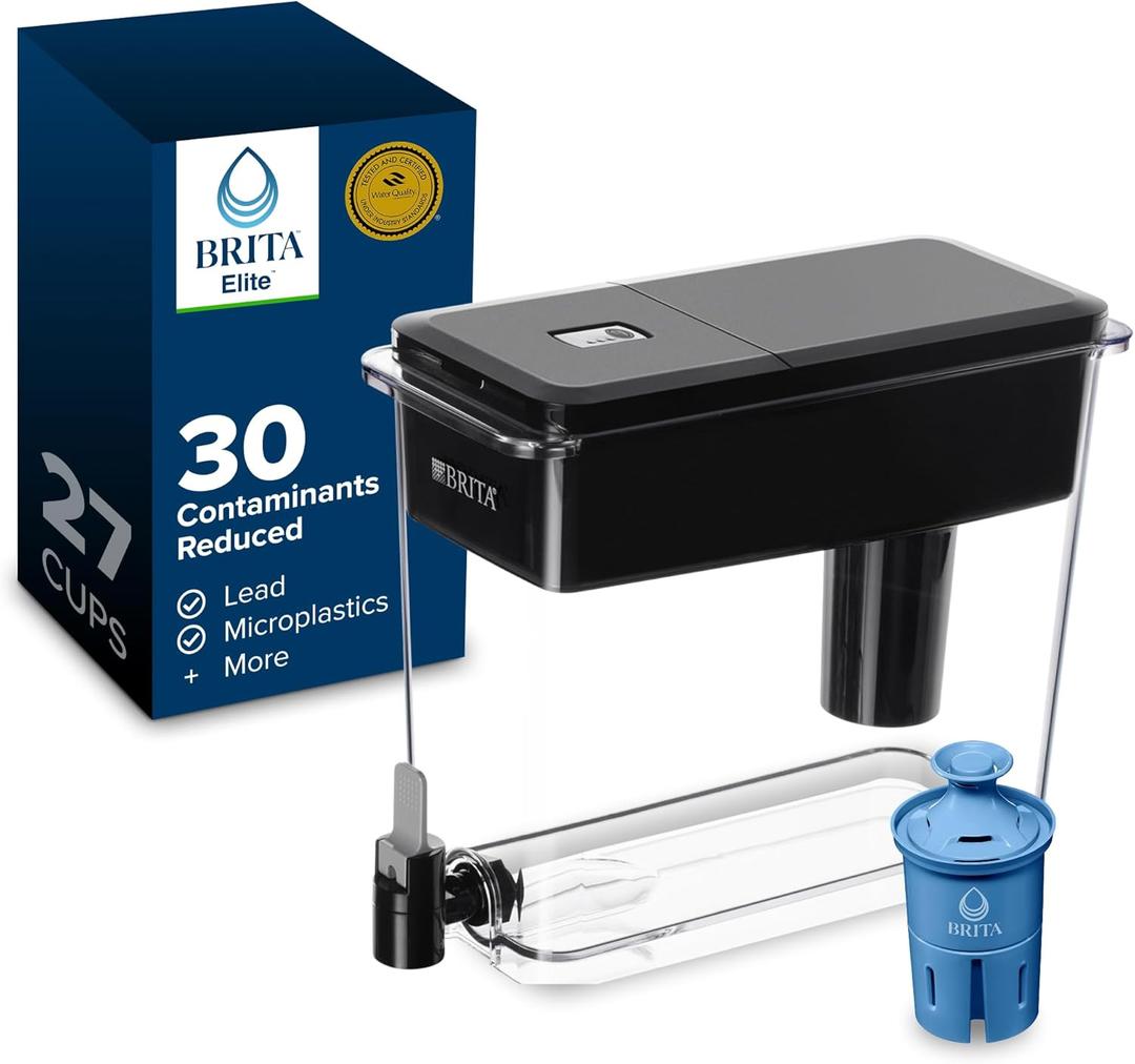 Brita Extra-Large 27-Cup Elite Water Filter Dispenser, WQA NSF/ANSI Certified, Reduces 99% of Lead, Microplastics, & 30 Contaminants, Removes Chlorine Taste & Odor, Black