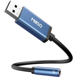MillSO USB to 3.5mm Audio Jack Adapter, Sapphire Blue TRRS USB to AUX Audio Jack External Stereo Sound Card for Headphone, Speaker, PS4, PS5, PC, Laptop, Desktops - 1 Foot
