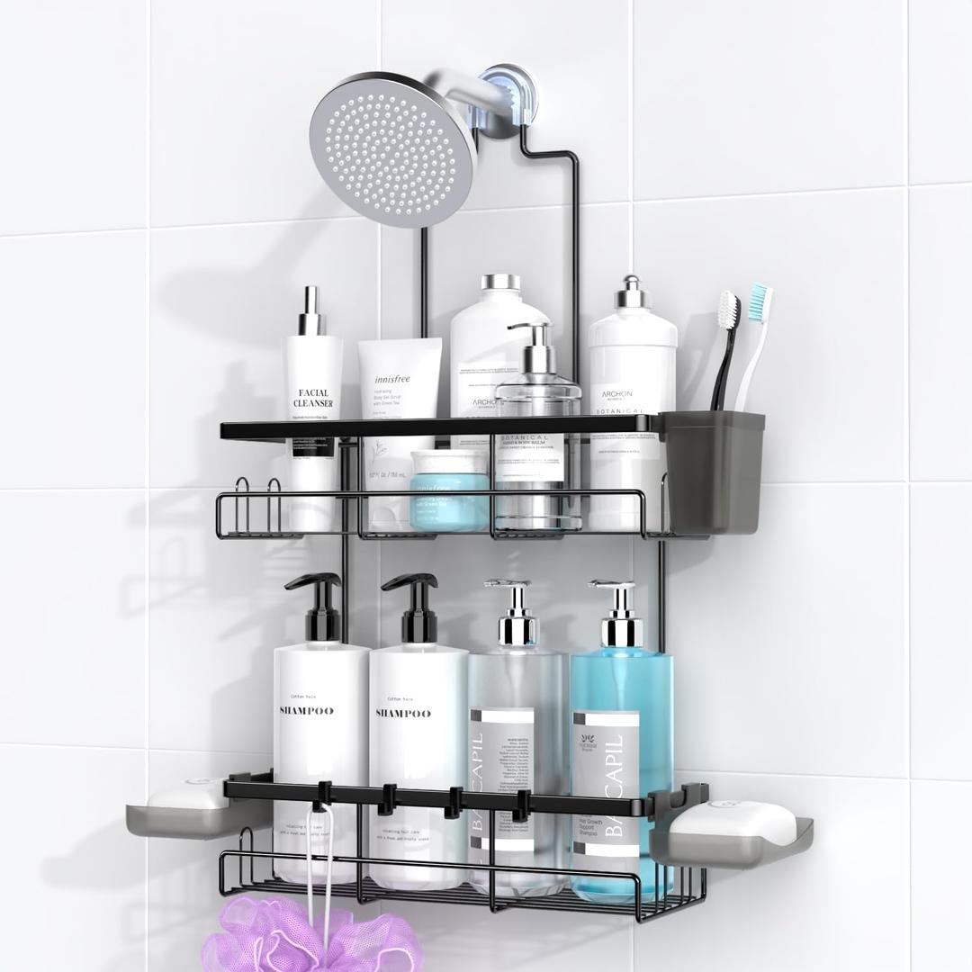 AKTECKE Shower Caddy Hanging Bathroom Organizer: Rustproof Shelf for Inside Shower - No Drilling Racks Over Showerhead - Bath Shelves for Shampoo Soap (Black)