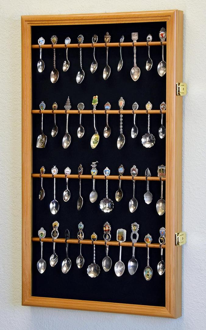 40 Larger Spoon Display Case Cabinet Wall Mount Rack Holder w/98% UV Protection Lockable, Oak