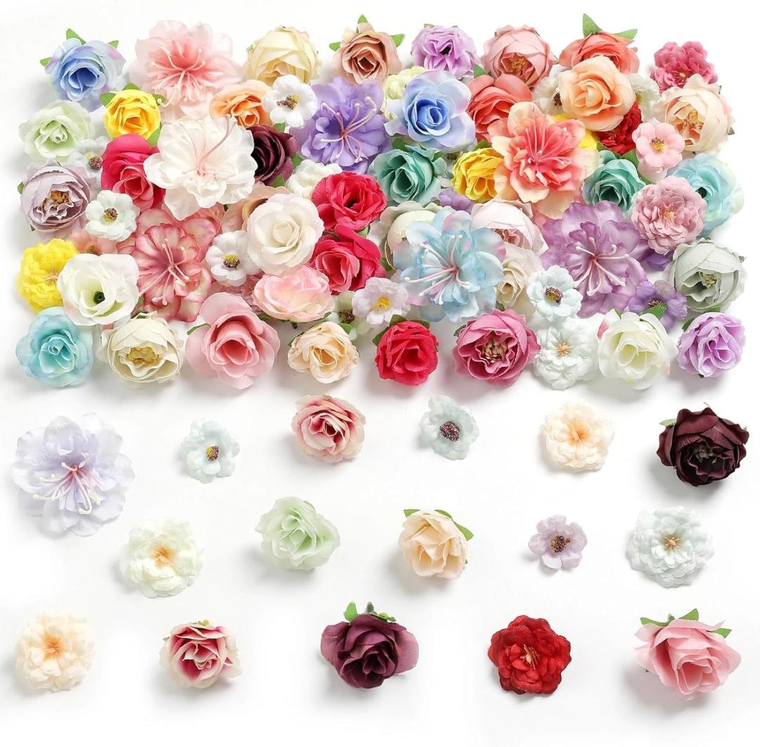 102pcs Small Silk Rose Flower Heads Mini Multicolor Mix Artificial Roses Flower Heads for DIY Cake Crafts Wedding Centerpieces, Graduation Cap Wreath Hair Dresses Home Party Decorations