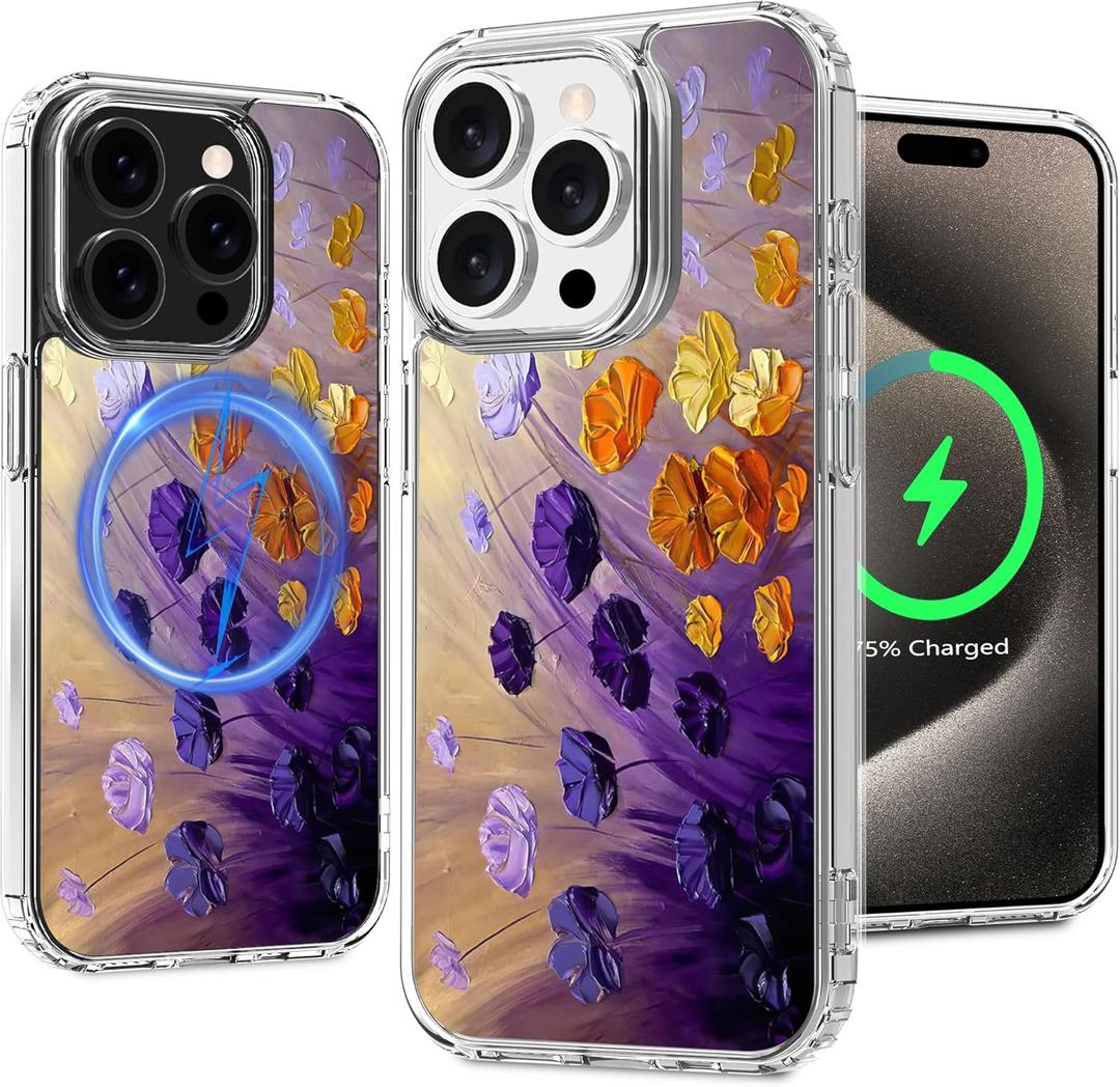 Magnetic Clear Case for iPhone 15 Pro Max, Flower Printing Pattern Design for Women Girls Shockproof Floral Protective Case, Compatible with MagSafe, 6.7 (Pic 13)