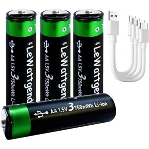 Lithium AA Batteries 4 Pack, Rechargeable Double A Battery 1.5V 3750mWh with USB-C Cable, 2H Fast Charge, Over 1200 Cycles