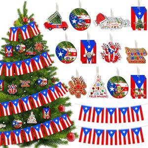 Roowest 37 Pcs Puerto Rico Christmas Tree Ornament 12 Styles Wood Holiday Ornament with Coqu Cem Pattern 1 Puerto Rican Flag String 196.85 Inches/ 5 M for Xmas Tree Home Decoration Gifts