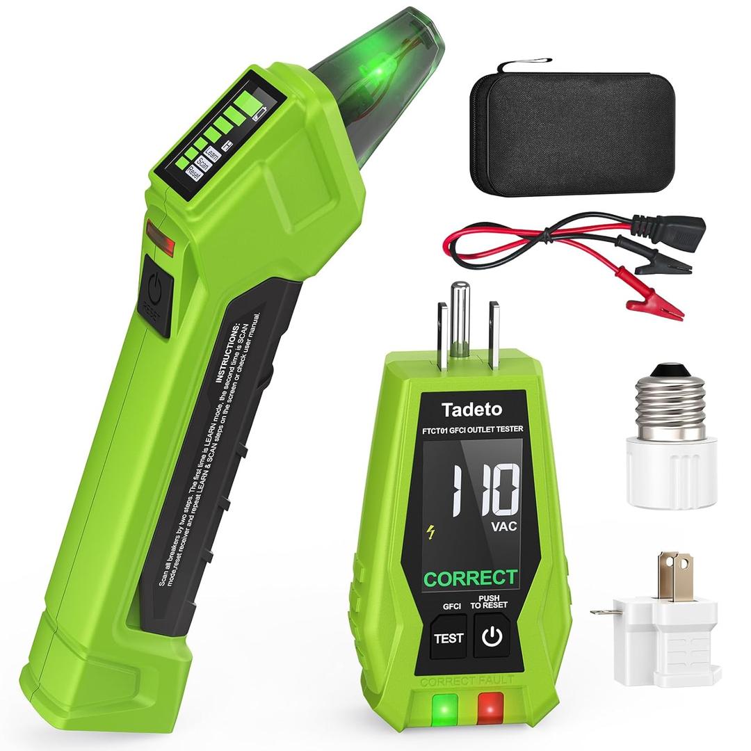 Tadeto Circuit Breaker Finder Tool with Outlet Tester, Quickly GFCI, Voltage, Electric Tester with Dual LCD Display, Light Socket and 3-2 Prong Grounding Adapter, Alligator Clip Adapter (Green)