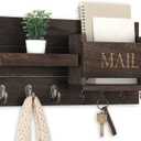 Mail Organizer for Wall Mount  Key Holder with Shelf Includes Letter Holder and Hooks for Hallway Farmhouse Decor  Rustic Wood with Flush Mounting Hardware (16.5 x 9.1 x 3.4) (Brown)