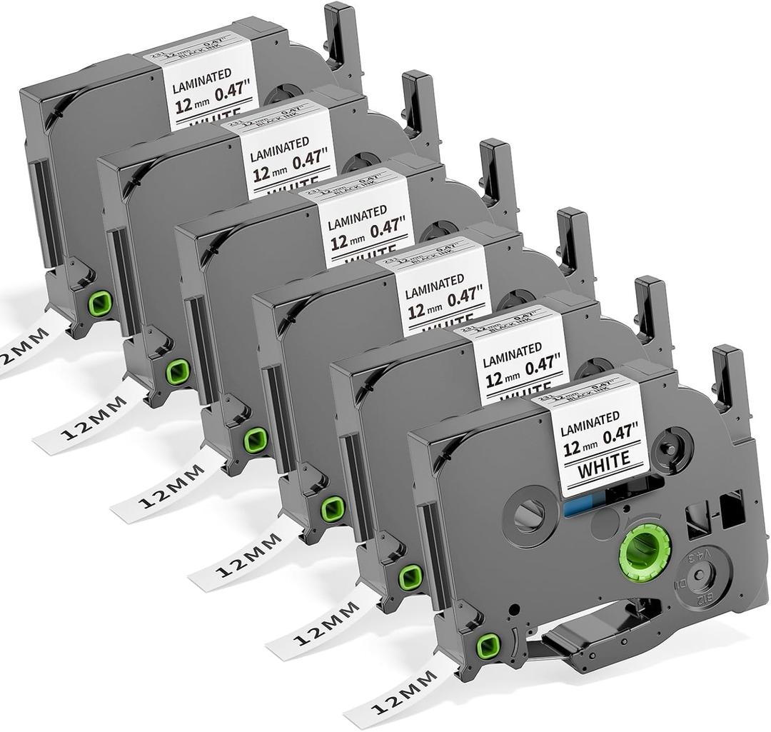 Ptouch Tape Replace for Brother P Touch Label Tape 12mm 0.47 White TZe TZe-231 TZe231 Refills TZ Laminated Black on White Work for PT-D210 D220 H110 D400 1290 Label Maker, 1/2"(12 mm), 6 Pack