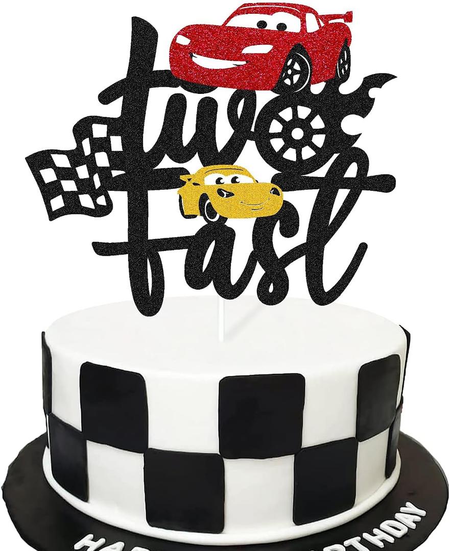 Two Fast Cake Topper Race Car 2nd Cake Decoration for Racing Car Checkered Flag Themed Kids Boy Girl 2 Years Old Happy 2s Birthday Party Supplies Double Sided