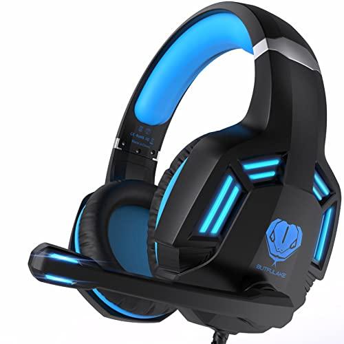 Gaming Headset Wired Over Ear Headphones with Stereo Surround Sound, Noise-Cancelling Microphone, LED Lights for Kids Adults, Black Blue