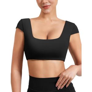 YEOREO Womens Square Neck Tank Tops Backless Summer Built in Bra Workout Crop Cap Sleeve Slice Casual Going Out Shirts (Black, L)