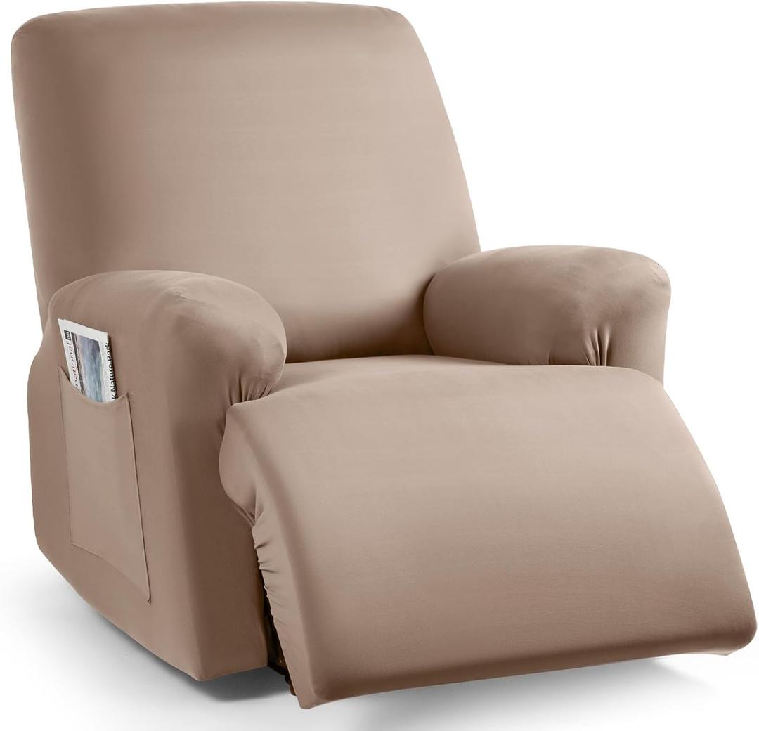TAOCOCO Stretch Recliner Chair Covers 3-Pieces Solid Furniture Covers Recliner Cover for Reclining Chair Slipcovers Feature Fitted Soft Washable Recliner Sofa Covers (1 Seat, Khaki)