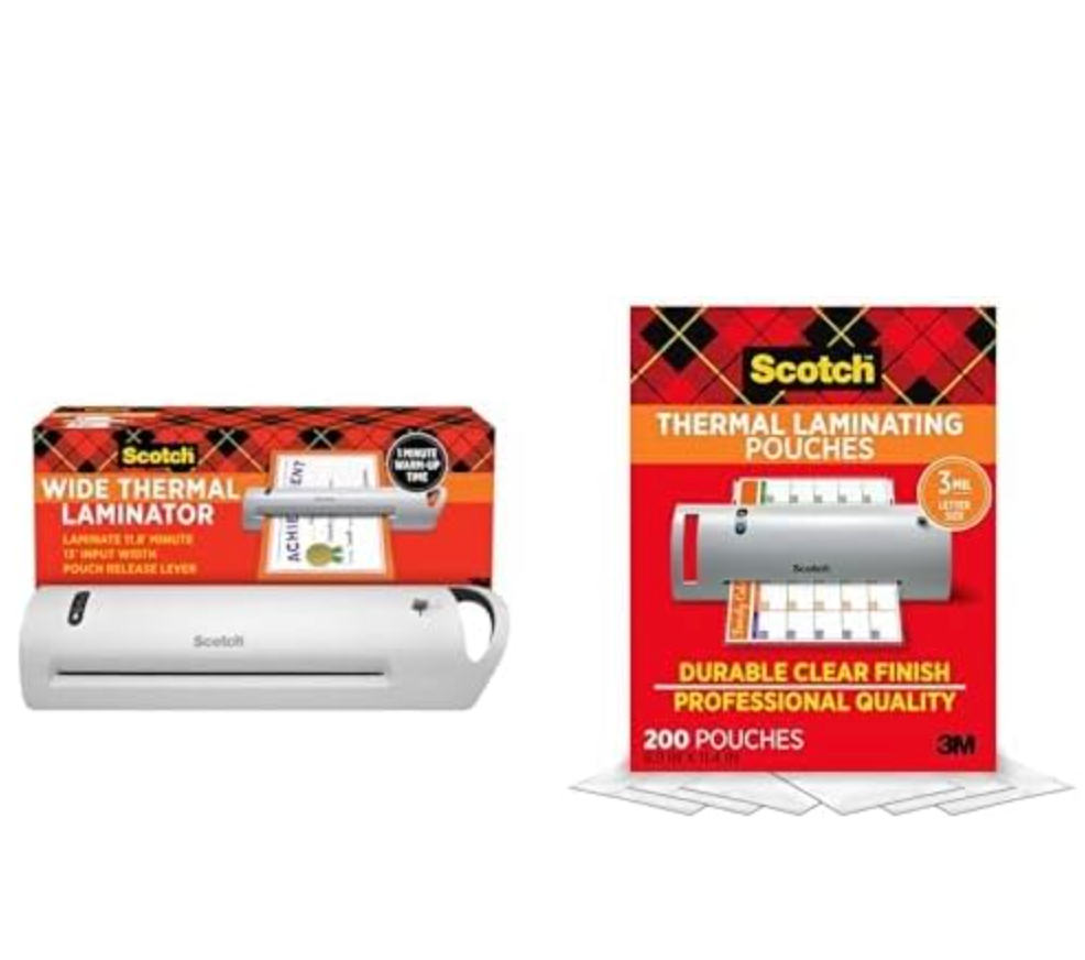 Bundle of Scotch Thermal Laminator, Extra Wide 13 Inch Input (TL1302X) + Scotch Thermal Laminating Pouches, 200 Count, Clear, 3 mil., Fits Letter Sized Paper (8.9 in. × 11.4 in.)