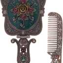 Nerien Antique Mirror Comb Set Vintage Metal Handheld Makeup Mirror with a Comb Russian Style Embossed Rose Hand Mirror Travel Portable Foldable Mirrors Decorative Tabletop Stand Mirrors Copper